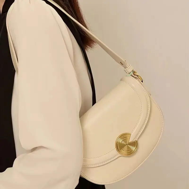 Handheld Niche Semi-circular Saddle Bag Women's Wide Shoulder Strap Leather Single Shoulder Bag Crossbody Messenger Bag