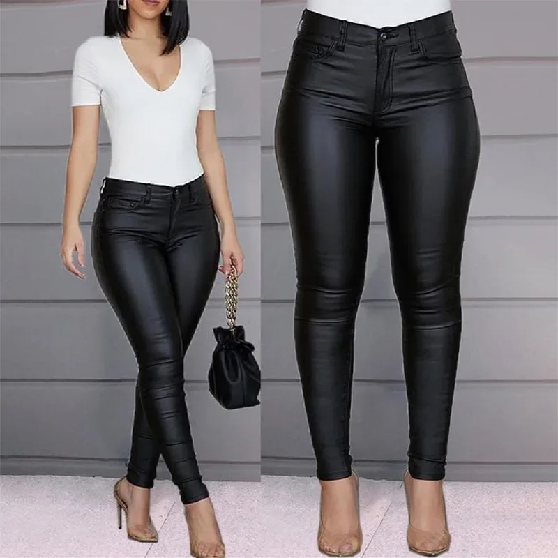 

Sexy Fashion Womens High Waist Pencil Pants Skinny PU Leather Long Solid Slim Club Party Casual Pocket Trousers for Women