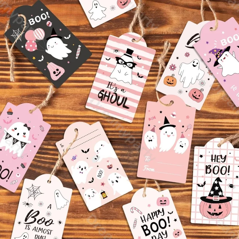 100 Stück mehrfarbige Halloween-Hängeetiketten aus Papier mit Seilschnur, Paket, Ornament, Dekoration, Cartoon-Kürbis, Hängekarte, Requisite ﻿ – Detail 9