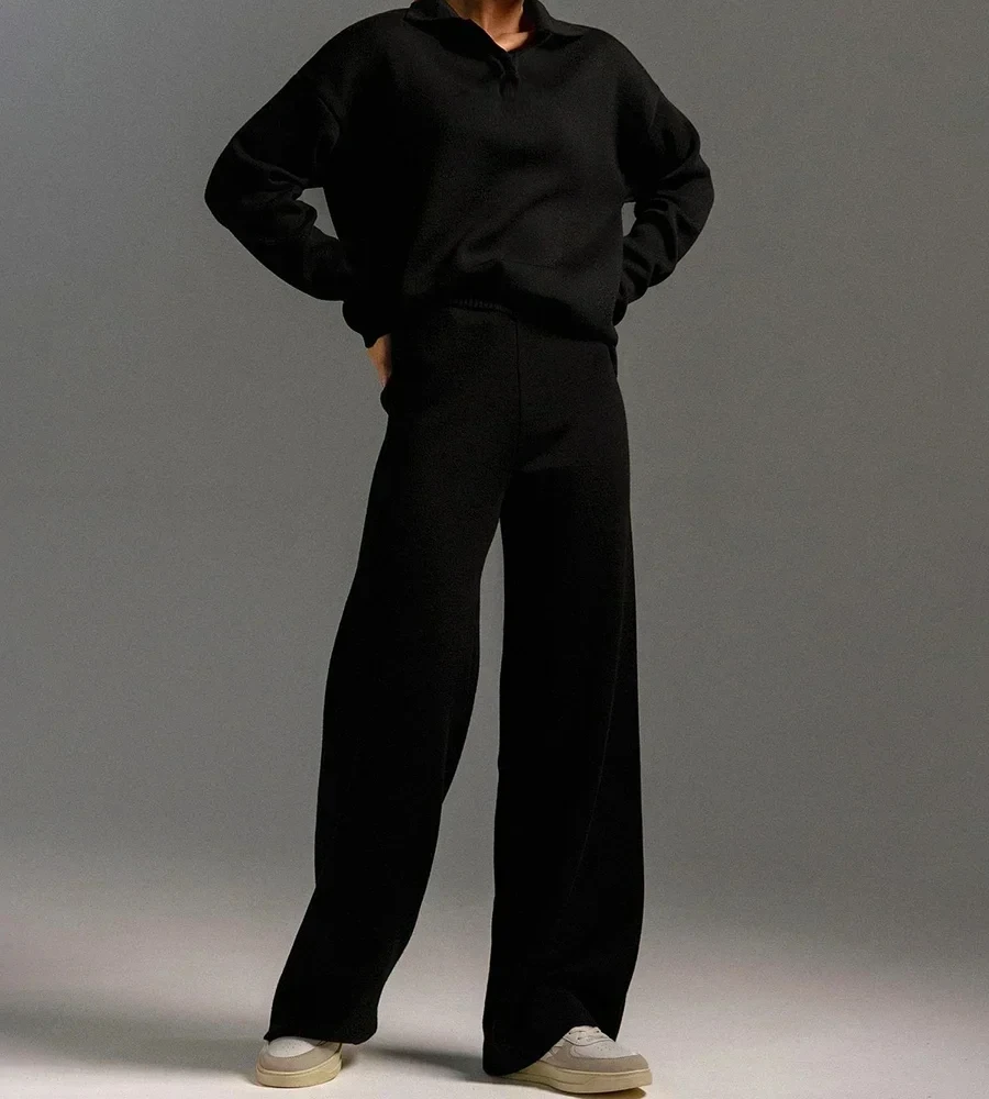 Setelan pakaian rajut wanita, setelan 2 potong tebal, Sweater Polo leher & celana kaki lebar, pakaian rajut 2024