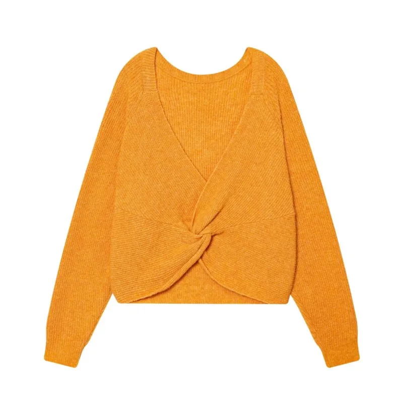 เสื้อสเวตเตอร์ถักสำหรับผู้หญิง สไตล์ลำลอง คอทรงโอ แขนยาว ดีไซน์ผูกโบว์ด้านหลัง เรียบง่าย ทันสมัย เหมาะสำหรับฤดูใบไม้ผลิและฤดูใบไม้ร่วง