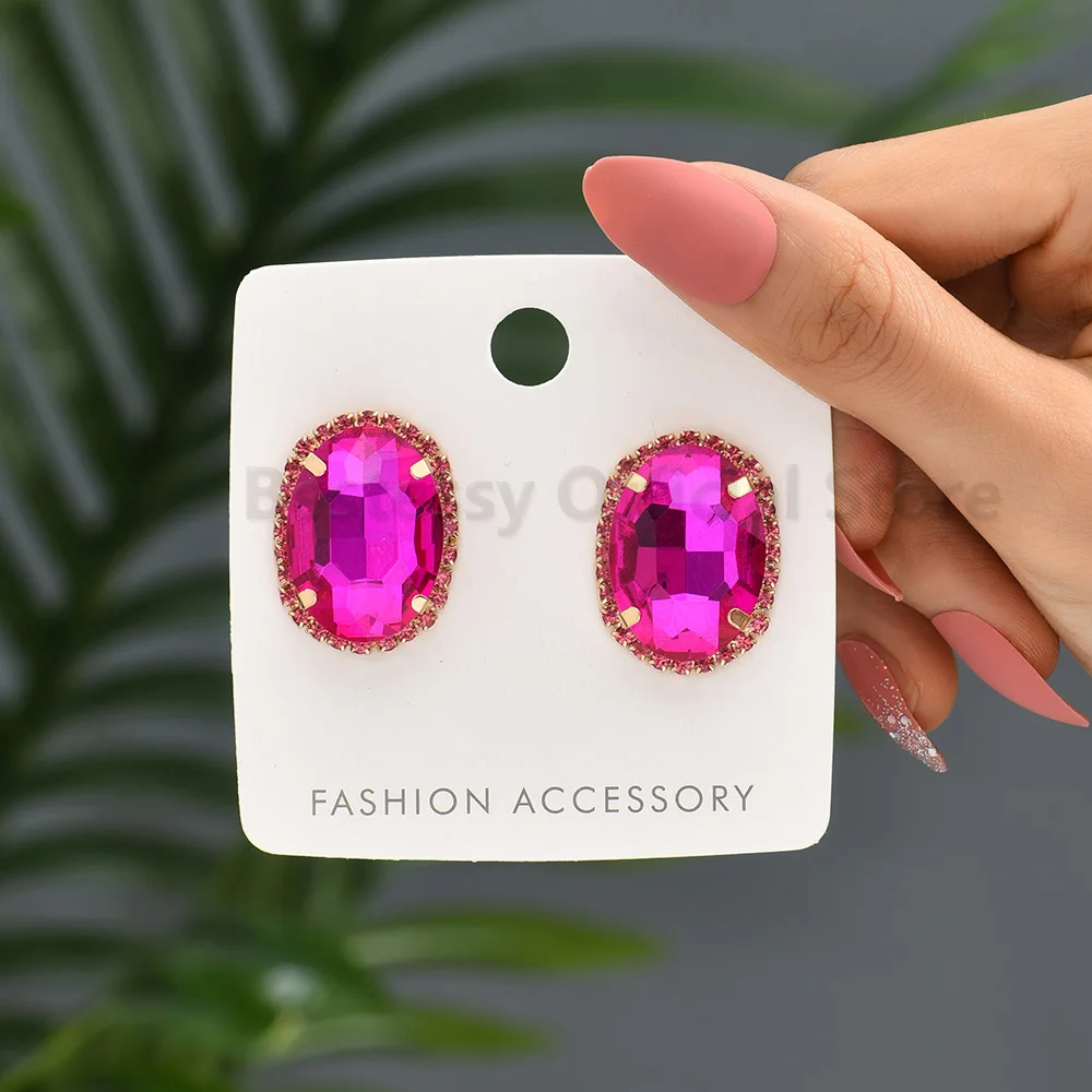 Hot Pink Big Rhinestone Decor Earrings For Women Unusual Design Oval Luxury Piercing Ear Studs Trendy Party Prom Vintage Jewelry