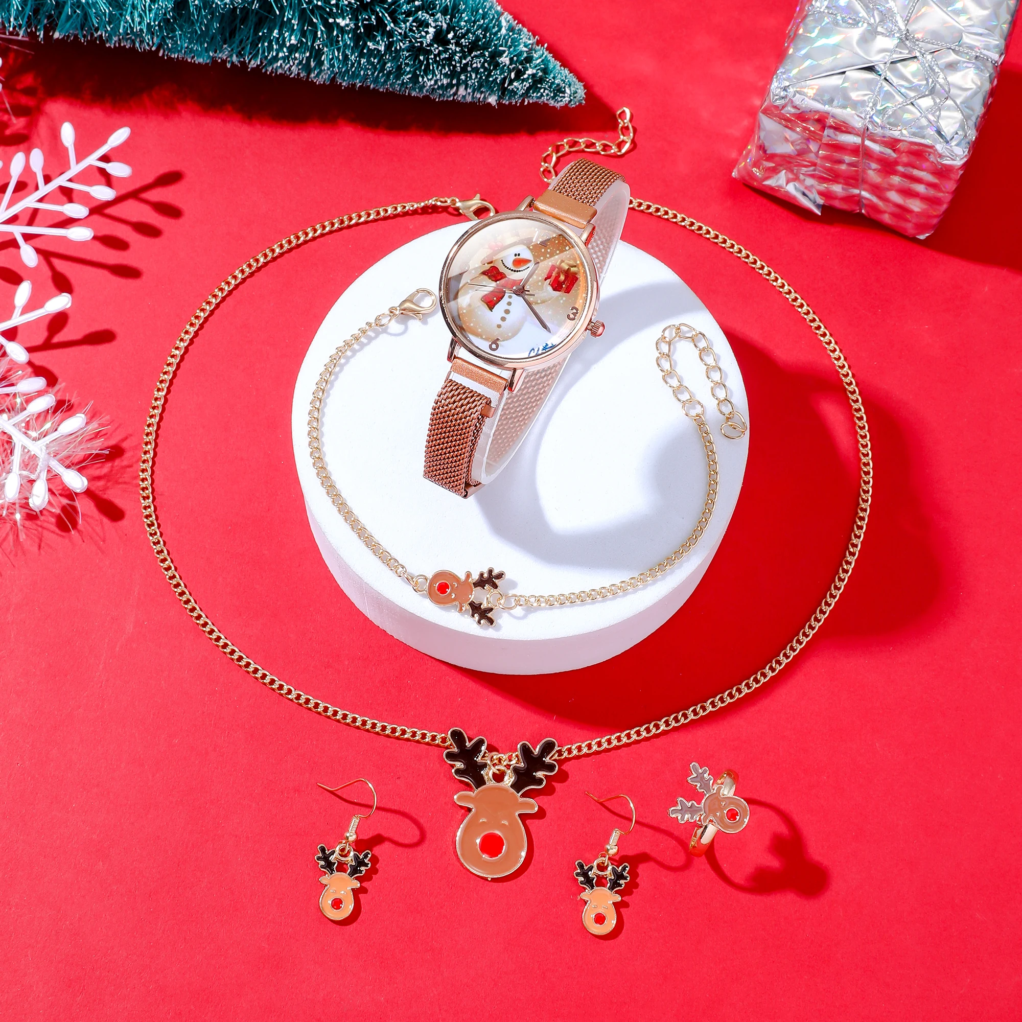 Christmas watch snowman gift pattern net quartz wristwatch reindeer theme accessory set, Christmas premium gift