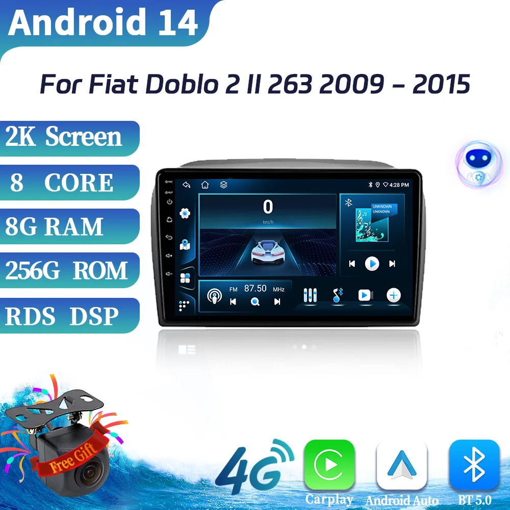 Android 14 For Fiat Doblo 2 II 263 2009-2015 Auto Car Radio Navigation Stereo Video Touch screen WIFI Wireless BT Carplay Stereo