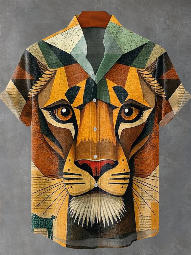 هاواي مخطط الرجال قميص عارضة قصيرة الأكمام أعلى الأسد فضفاض زي لوحة المفاتيح خمر أزياء الصيف قميص #2