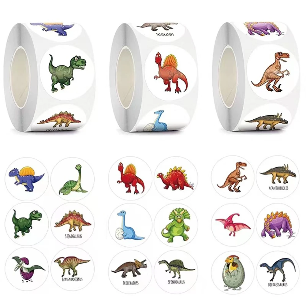 Autocollants animaux dinosaures mignons pour enfants, 1 pouce, jouet pour garçon, jeu, décoration de récompense pour fête d'anniversaire en classe, 50 à 500 pièces