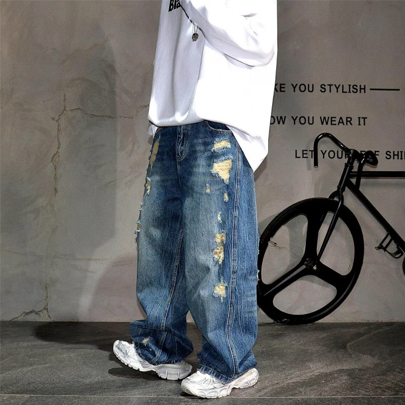 Men's American Fashion Streetwear Loose Straight Wide Leg Ripped Jeans Retro Blue Vintage Casual Plus Size Denim Pants
