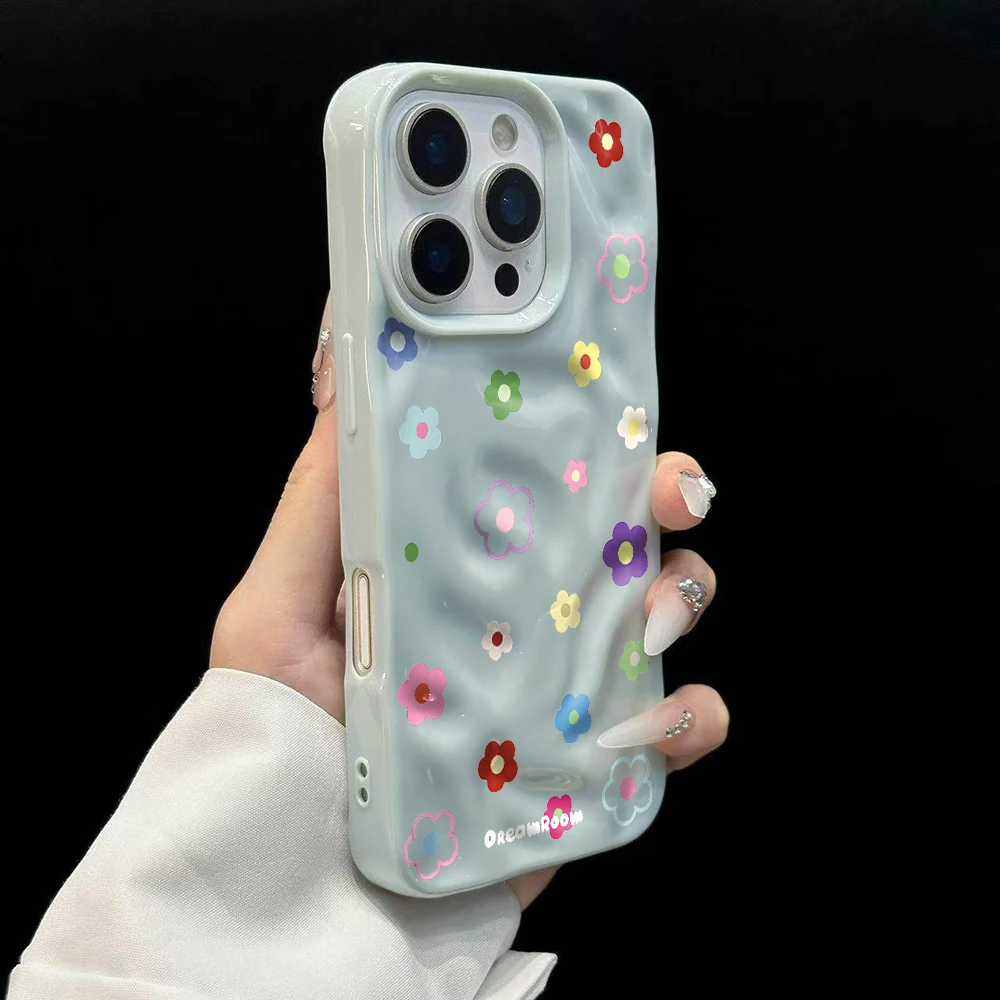 Minimalistisches Blumenmuster Koreanische Handyhülle für iPhone 17 16 15 14 13 12 11 Pro Max 14 15 Plus 17 Air Falten-Wellen Weiche Silikonhülle – Detail 10