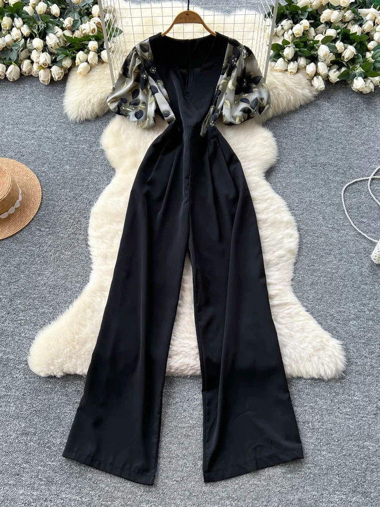 Verão feminino com decote em v manga bolha macacão de cintura alta nova moda praia férias temperamento casual calças largas perna c310