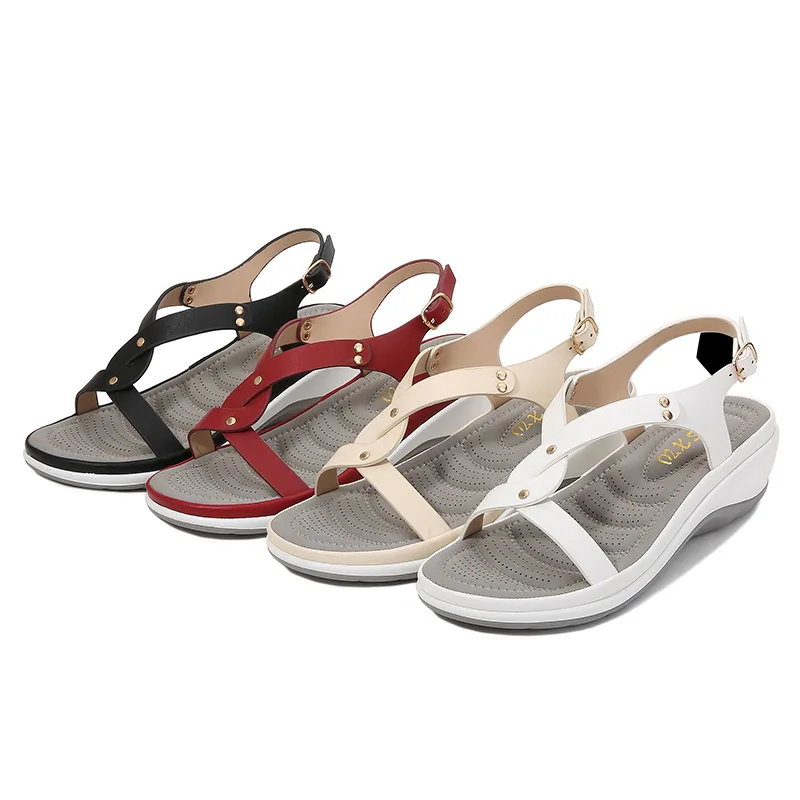 New Women Sandals Bohemia Mid Heels Wedge Sandalia Buckle Woman Shoes Casual Solid Ladies Comfortable Beach Shoes Large Size 42