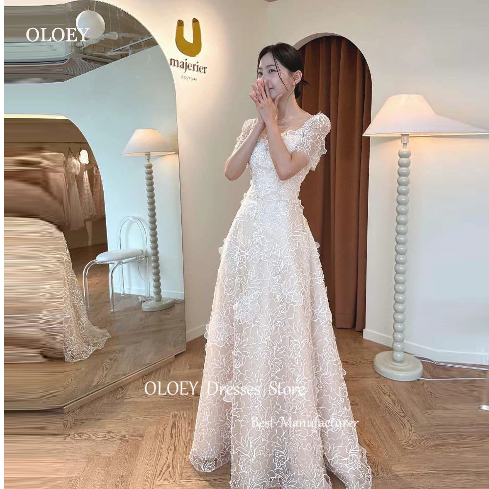 OLOEY Delicate Lace A Line Korea Wedding Dresses Photo shoot Vintage Short Sleeves Floor Length Bridal Gowns Corset/Zip Back