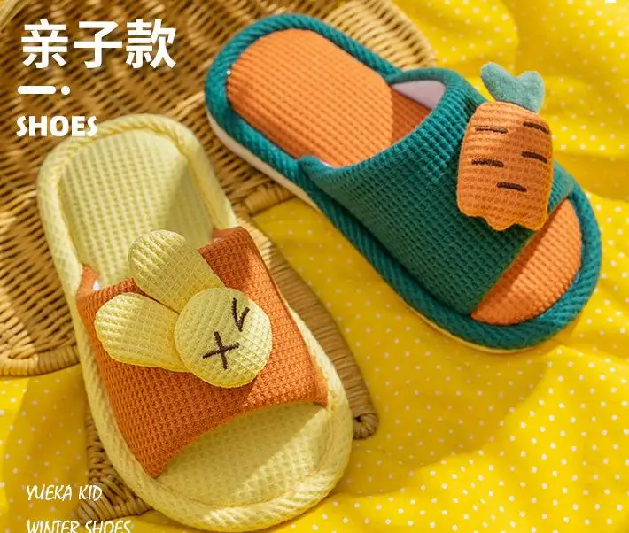 Cartoon Kaninchen Hausschuhe für Kinder Mode Closed Toe Hause Leinen Hausschuhe Frauen Stille Anti Slip Baumwolle Leinen Boden Schuhe Männer – Detail 4