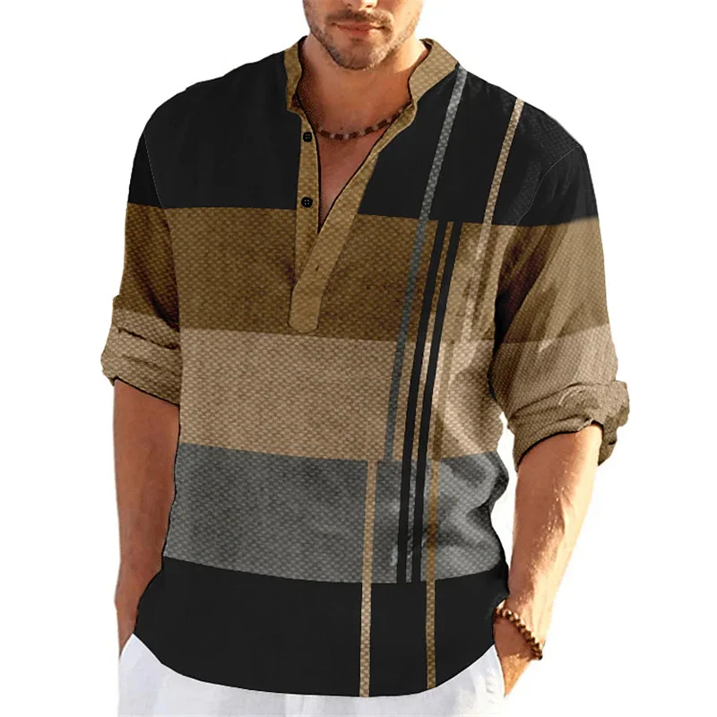 2023 Spring and autumn cross-border foreign trade new men's printed Henry shirt casual stand collar buckle loose shirt