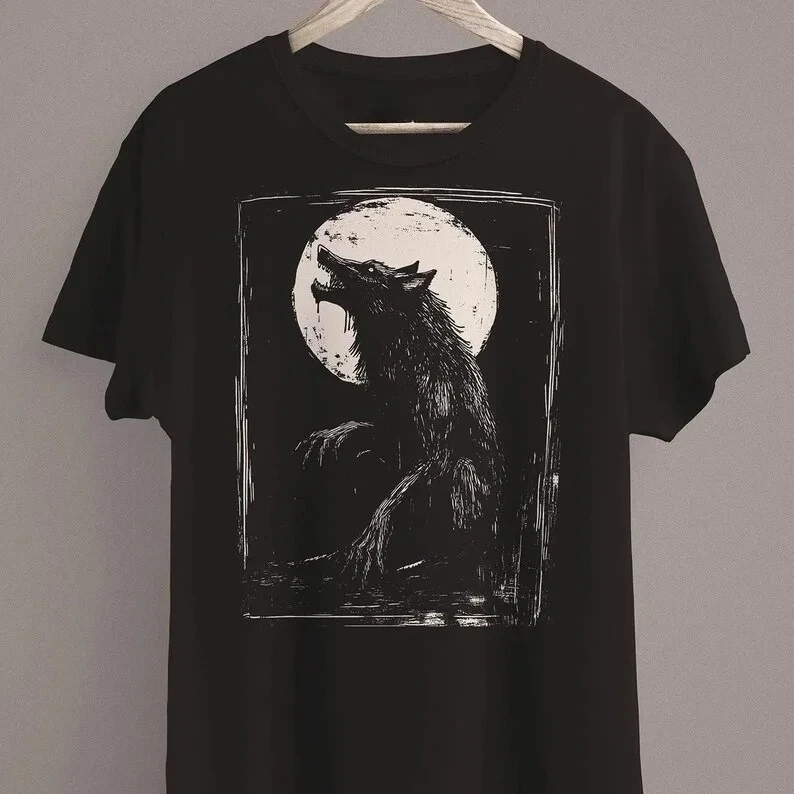 Camiseta con estampado de lobo aterrador, estilo grunge, con un lobo hombre lobo, estampado oscuro y espeluznante, informal, gótico, punk y único