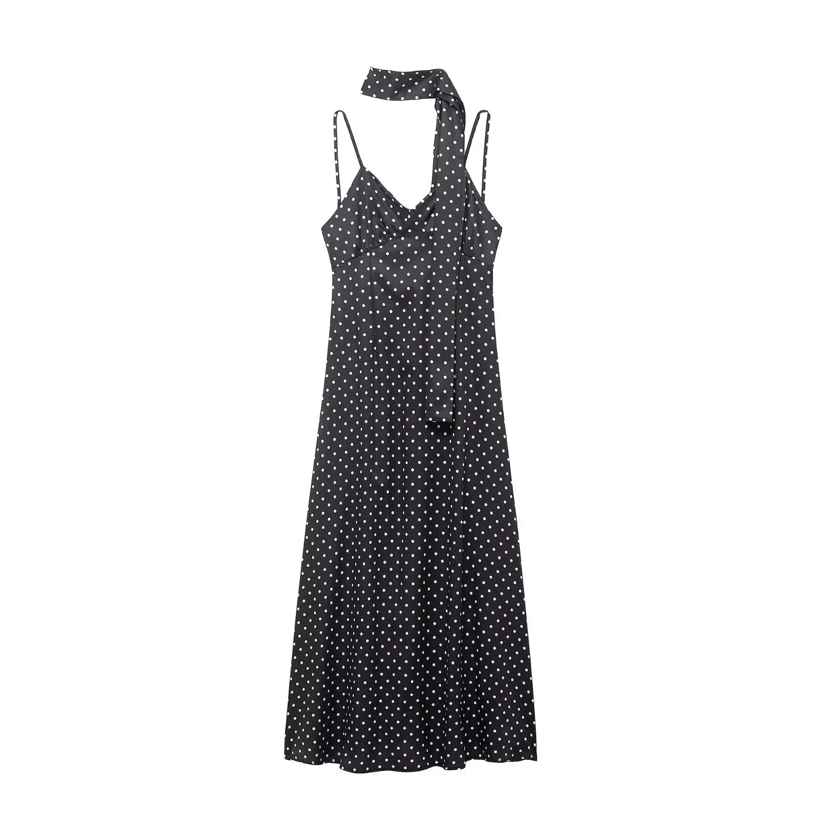 2026 Donne di Modo di Estate Elegante Lace-up Croce Backless Polka Dot Stampa Sciarpa Con Scollo A V Senza Maniche A-line Cami Slip Abito Lungo