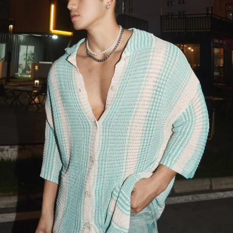 2024 Summer Mens Knitted Shirts Fashion Contract Color Short Sleeve Button Lapel Tops Men Clothing Casual Loose Beach Cardigan