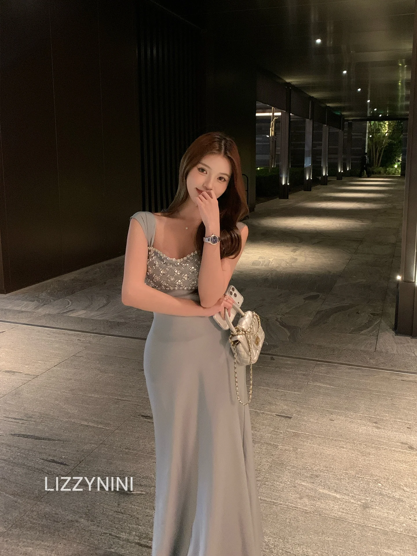 

Nini Chestnut Heavy Embellished Satin Square Collar Waist Cinched Slimming Korean Style Ladylike Dress for Women
