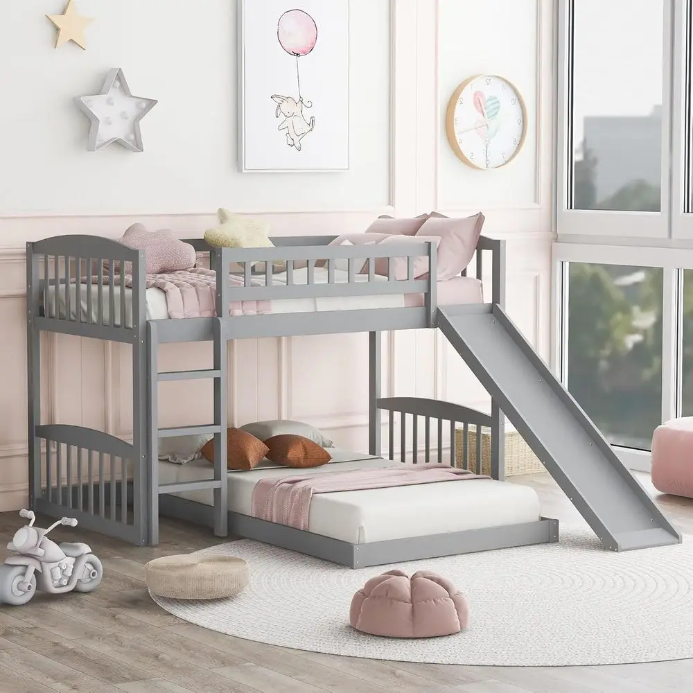 

Двухъярусная кровать Twin over Twin с горкой, низкая кровать-чердак для детей, серая