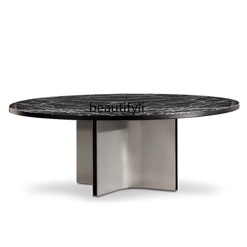 

Custom Villa Marble Top Hong Kong Style Light Luxury Dining Table High-End Stainless Steel Large round Table Household