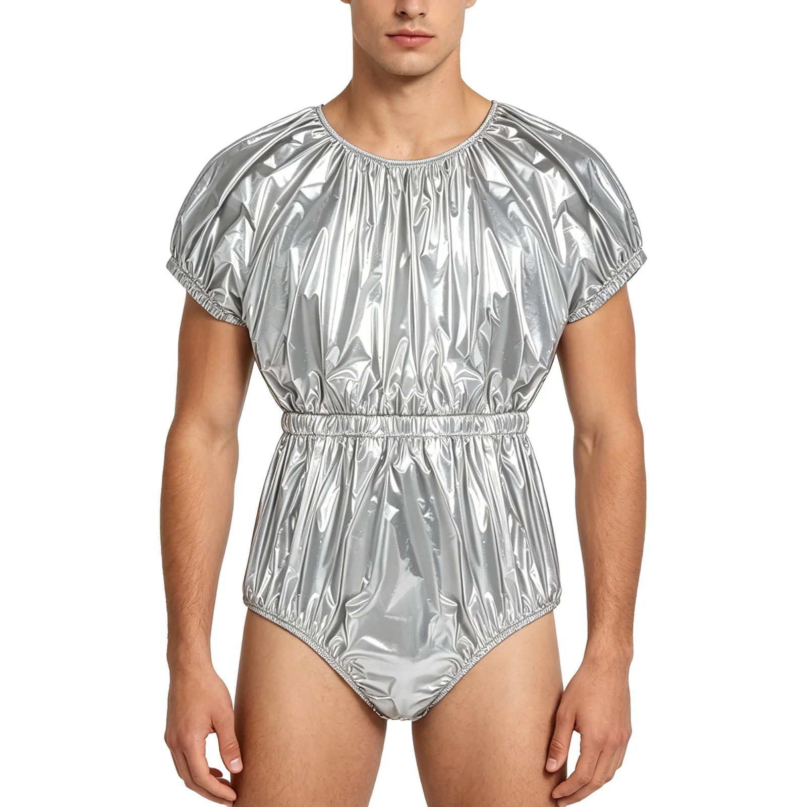 Mens Waterproof Diaper Cover Swim Leotard with Buttoned Crotch Short Sleeve Elastic Waist Leakproof Bodysuit Adaptive Clothing