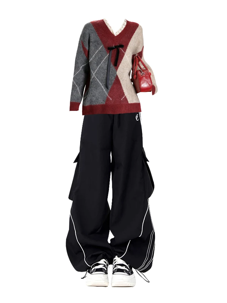 レトロカジュアル香港風冬色ブロダイヤモンド柄ニットセーターレース結び目セーターダストリングスポーツパ...