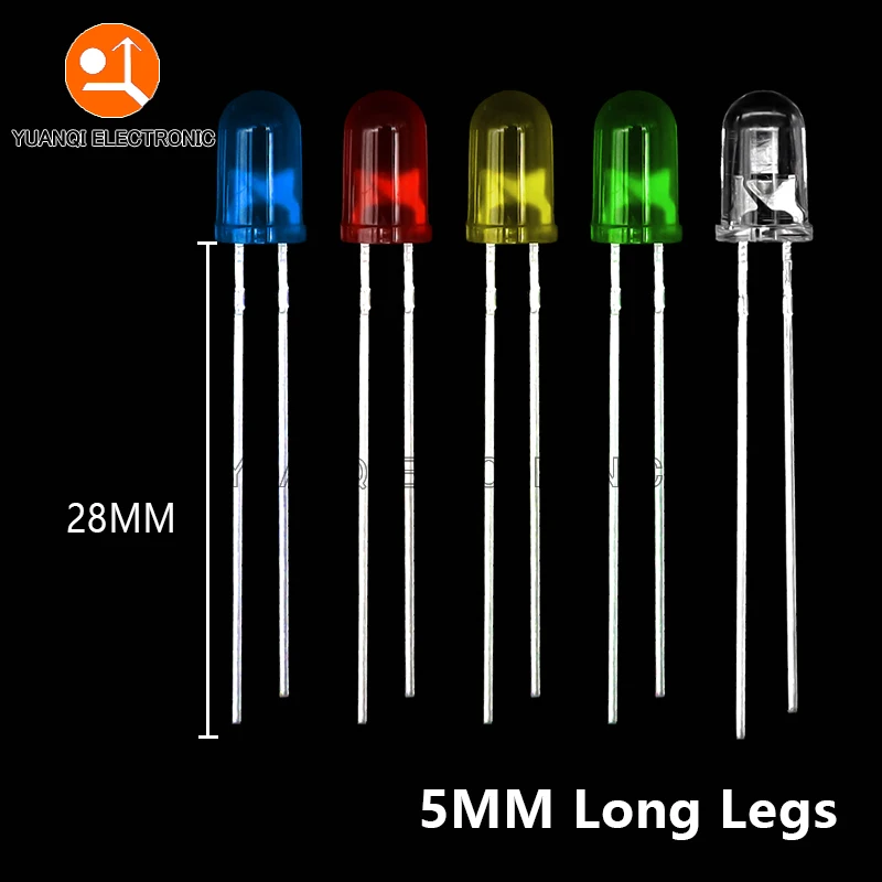 50pcs Long Leg 3MM 5MM LED White Green Red Blue Yellow Orange F5 28mm F3 27mm Length Light Emitting Diode