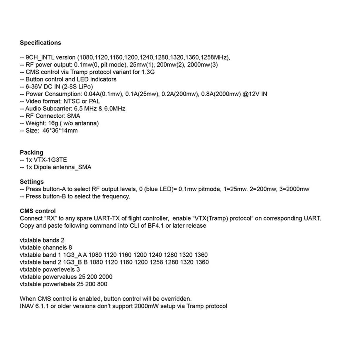 

A97ZZ 1,2 ГГц 1,3 ГГц 2 Вт VTX видеопередатчик VTX-1G3TE 2000 мВт 9 каналов с управлением Tramp VTX для FPV дронов дальнего действия