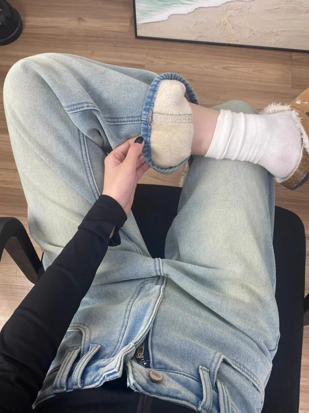 Verdikte fleece wijde pijpen jeans dames hoge taille rechte snit skinny retro blauwe vloerlengte broek veelzijdige casual denim broek