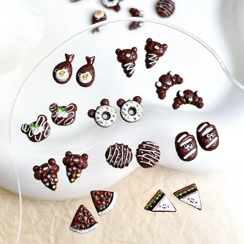 30PCS Cute Bear Donut Ice-cream Nail Charms Simulated Chocolate Sandwich Croissant Resin Nail Art Decorations DIY Nails Parts