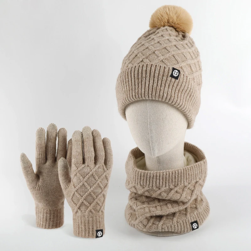 Winter Warm Sets Knitted Scarf Wraps Beanie Pompom Hat Touch Screen Gloves Set for Women