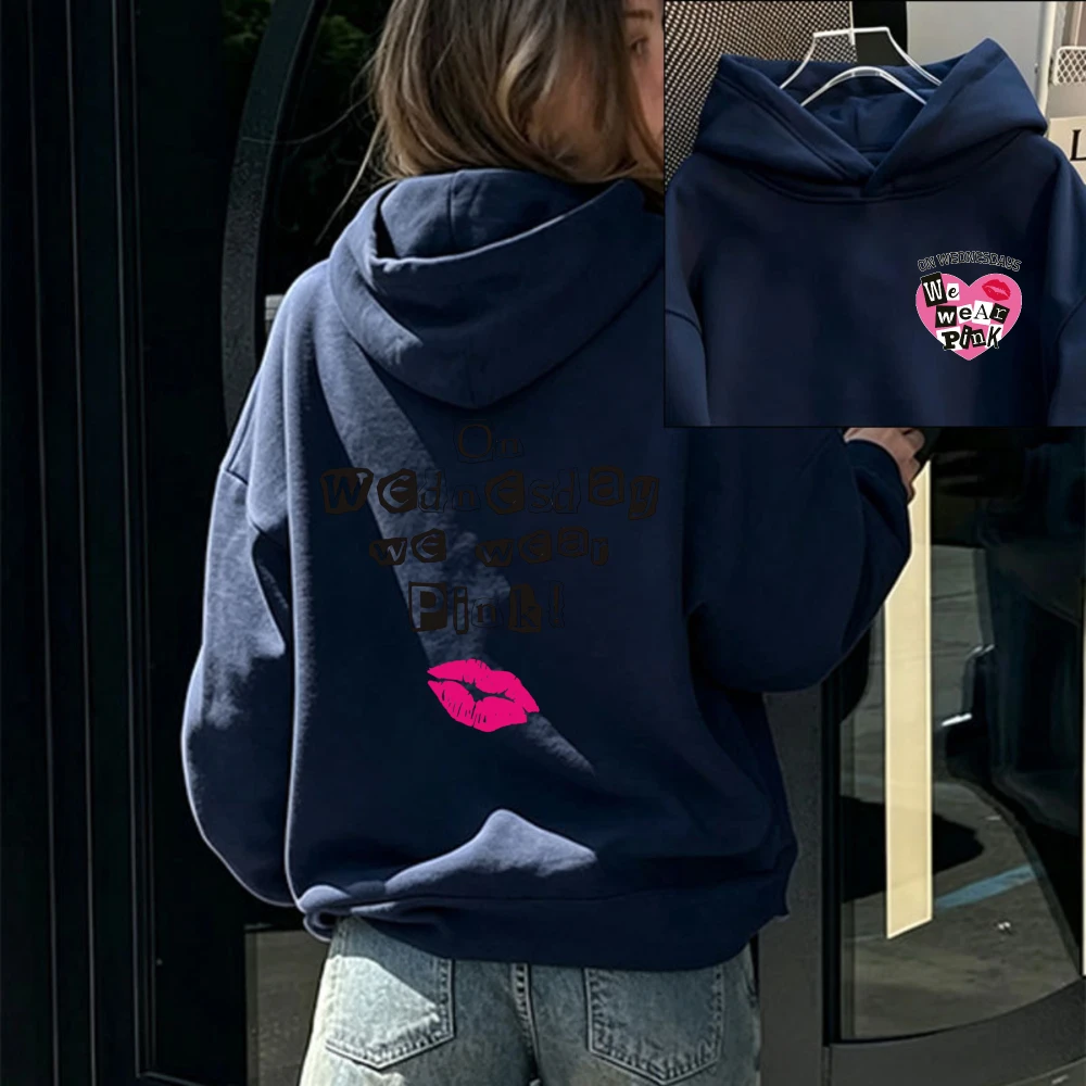On Wednesday We Wear Hoodie Pink Lips Heart Graphic Front Back Print Pullover Casual Women Fashion Aesthetic Trendy Letter Tops view 6