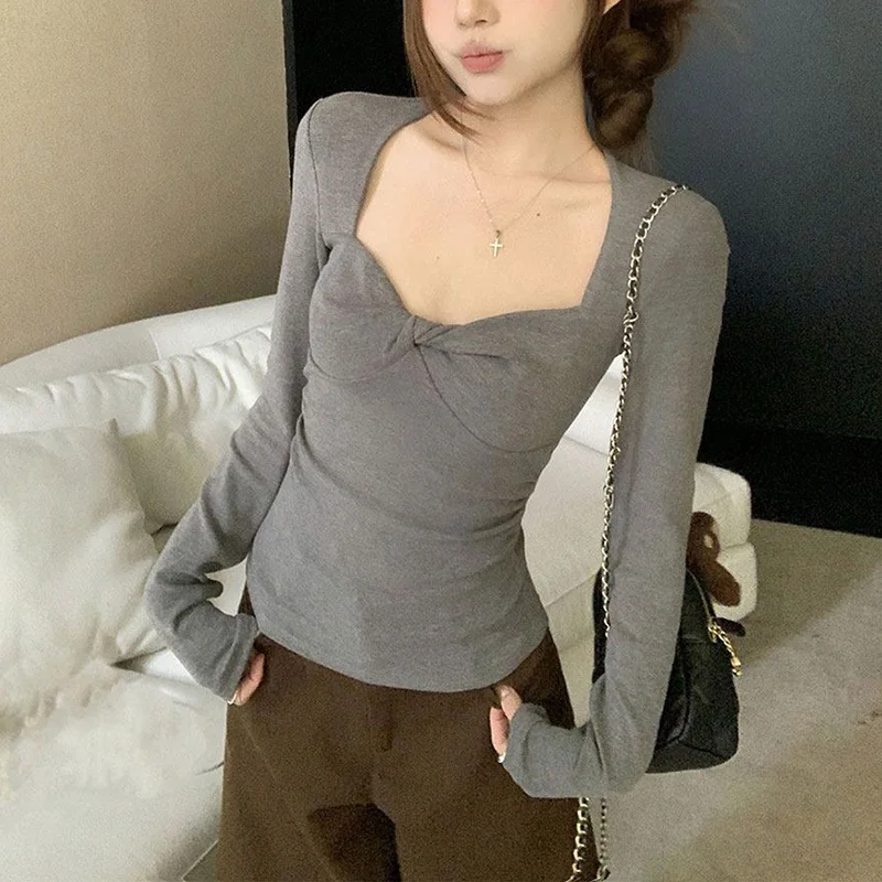 New Girls T-shirts Ins Fashion Gray T-shirts Korean Hot Sale Women Skinny Underwear Tops Lady Solid V-neck Thin Clothes