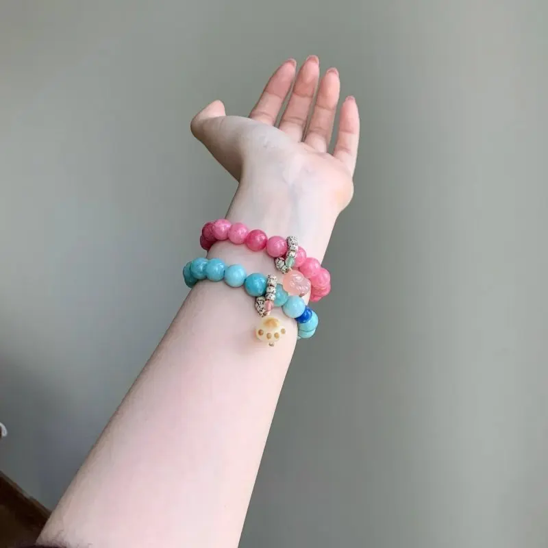 Chinese Style Lucky Fortune Wealth Handmade Beaded Handstring Bracelet 10mm Natural Stone Cat Paw Charm Auspicious Blessing Gift