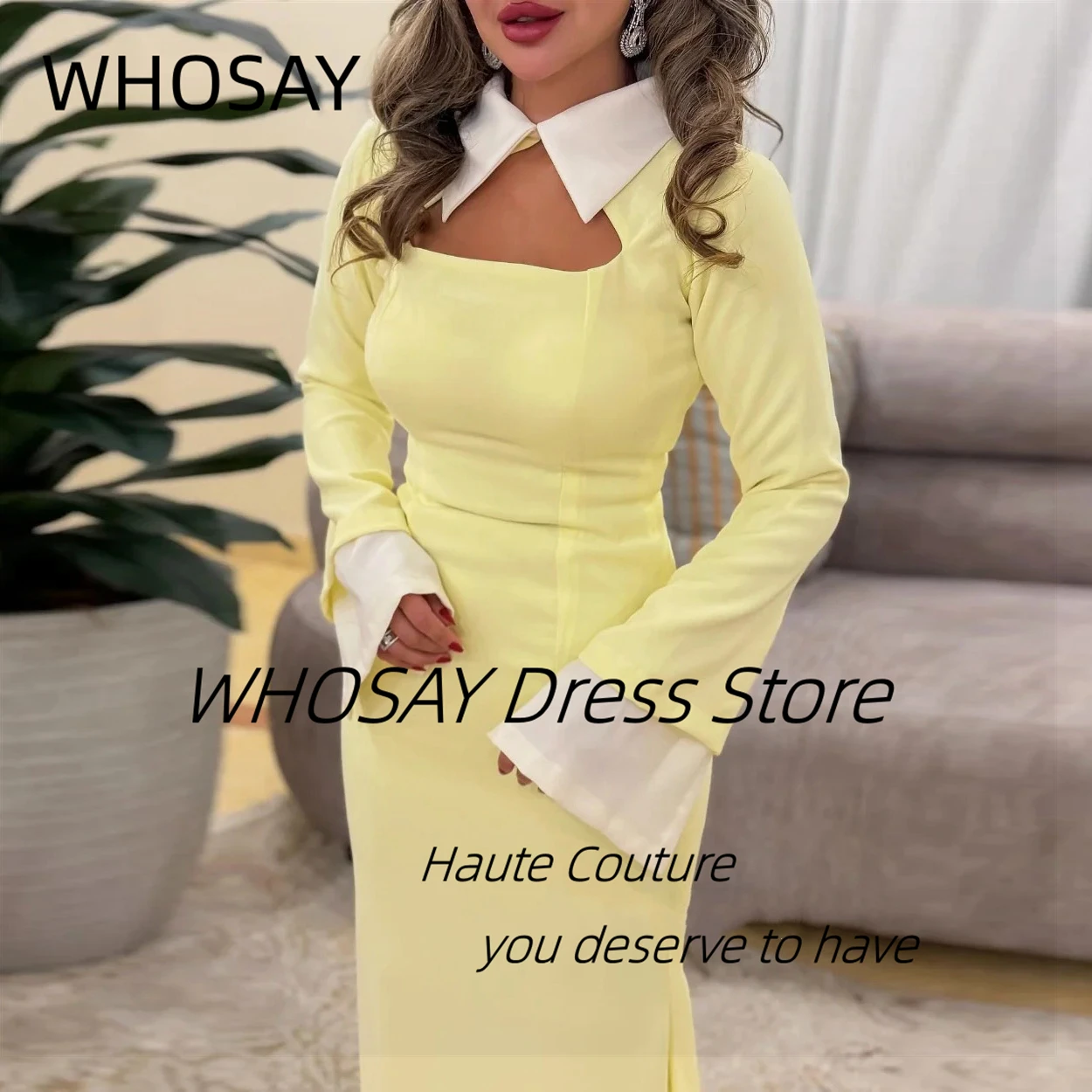 WHOSAY Lapel Neck Evening Dresses Saudi Arabia Women Wear Long Sleeves Prom Party Dress Customized Special Occasion Gowns