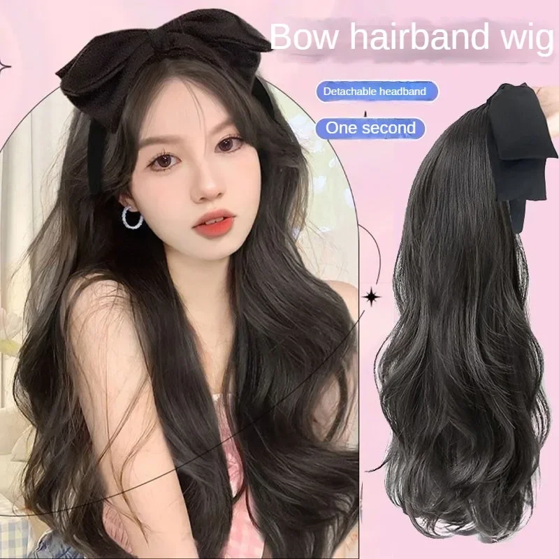 

New Korean Bows Wig Woman Hair Hoop Synthetic Fluffy Natural Hair Piece Removable Simulated Human Artificial Hair Extensions Wig