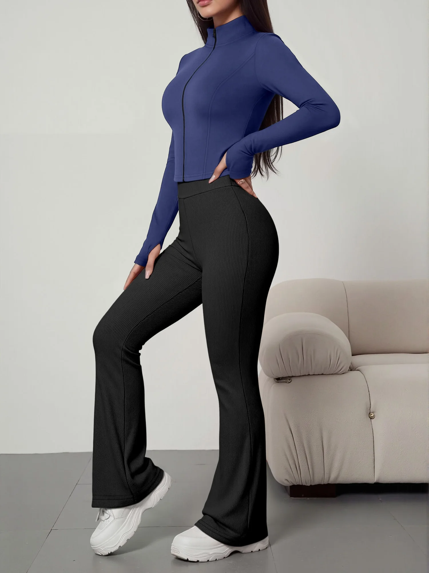 European American Women Ribbed Knit Two Piece Set, Long Sleeve Zip Top With High Waist Flare Pants, Casual Slim Daily Outfit