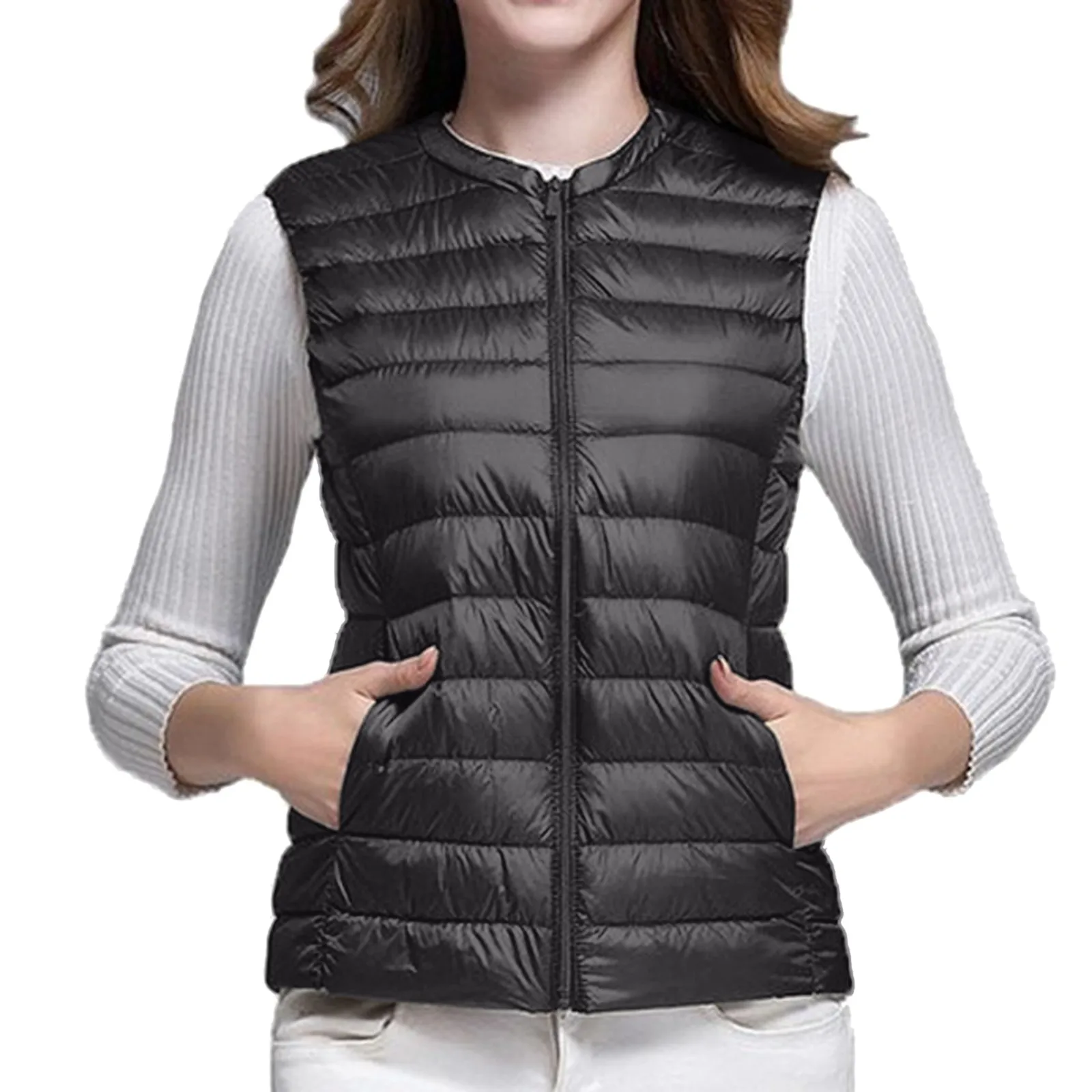 

Autumn Winter Women Ultra Light Thin Duck Down Vest Sleeveless O-Neck Zipper Waistcoat Windproof Puffer Female Quilted Jackets