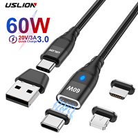 USLION PD 60W Fast Charge Cable 2 in 1 USB A or C to Type C Magnetic Data Cord for iPhone 14 13 Pro Max Xiaomi 12 Macbook Laptop