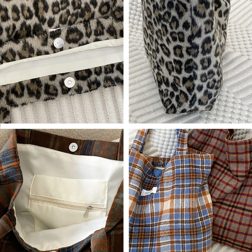 شتاء جديد سميكة تويد حقيبة كتف المرأة سعة كبيرة حمل حقيبة منقوشة ليوبارد أكياس التسوق الطلاب كروسبودي #6