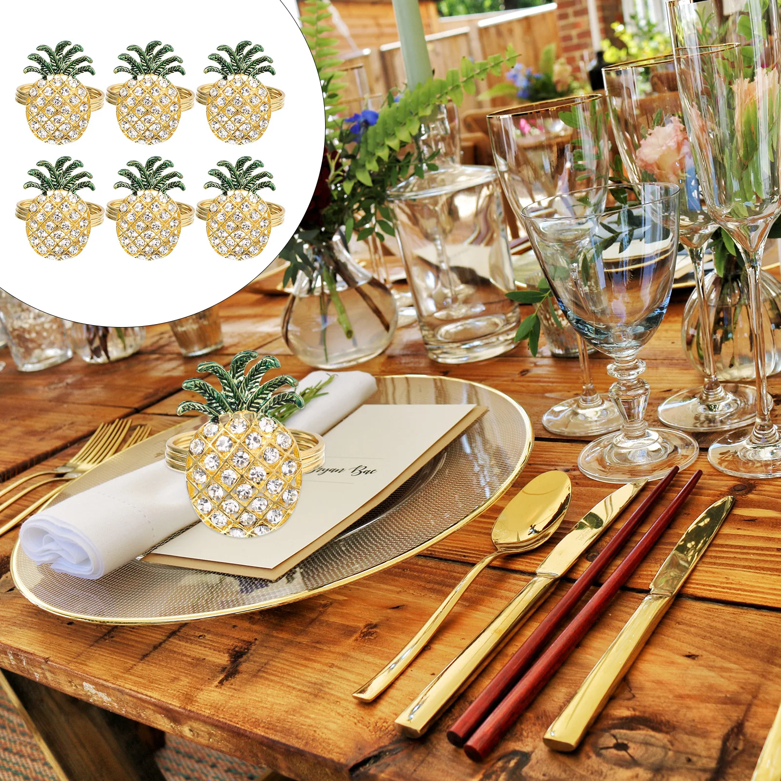 

6pcs Diamond Rings Pineapple Design Dinner Napkin Buckle For Banquet Table Supplies Party Napkin Holder Decor