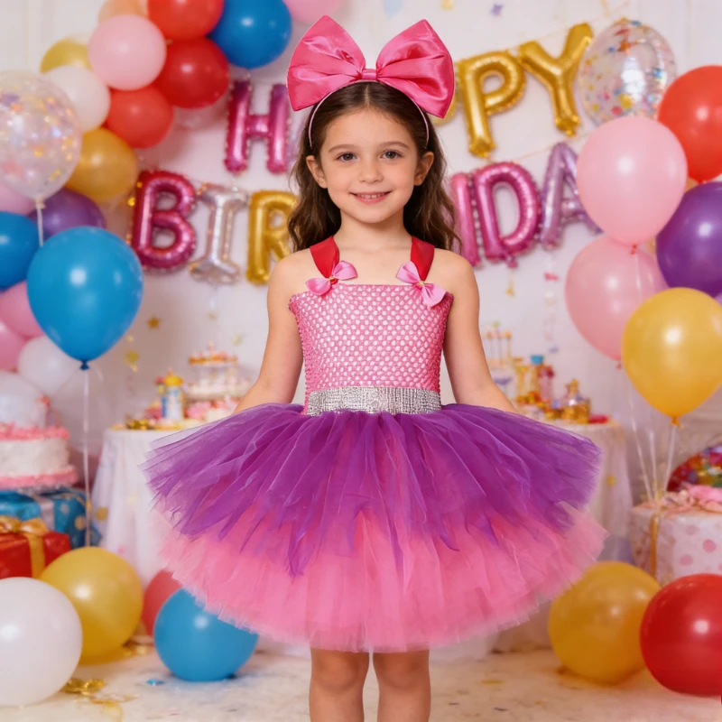 Purple Hot Pink Fluffy Layered Dresses for Girls Birthday Party Outfit with Big Bowknot Headband Kids 3 Layers Princess Clothes