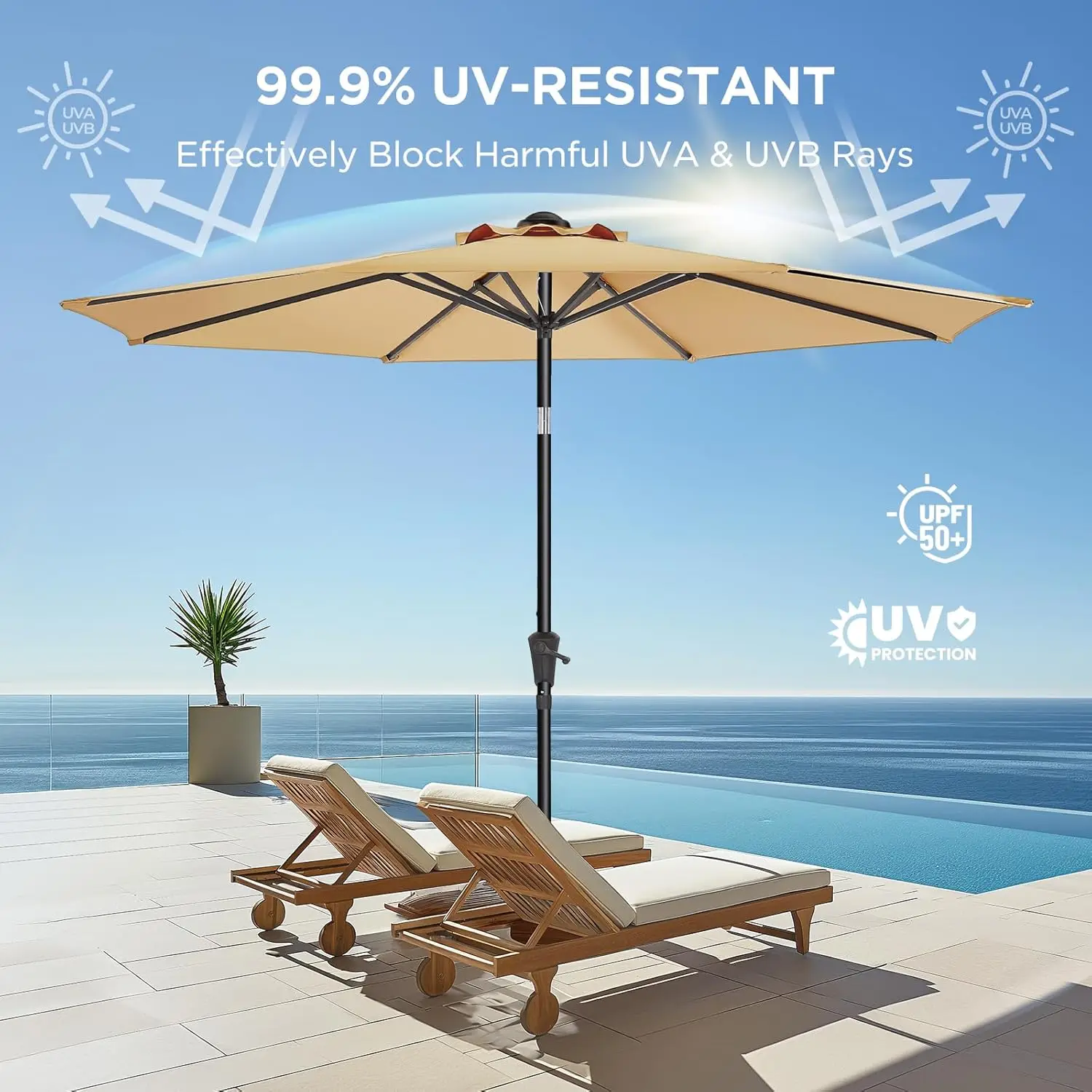 

9ft Outdoor Patio Umbrella - Market Table Pool Deck Umbrella UPF50+ UV Protection with Push Button Tilt, Crank and 8 Sturdy Ribs