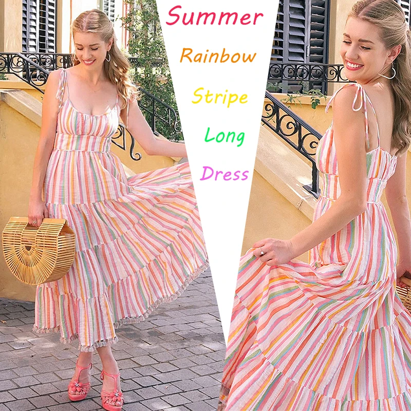 

Women Colorful Stripe V-neck Halter Dress Sexy Sleeveless Bandage Backless High Wasit Maxi Dresses Lady Summer Chic Beach Robes