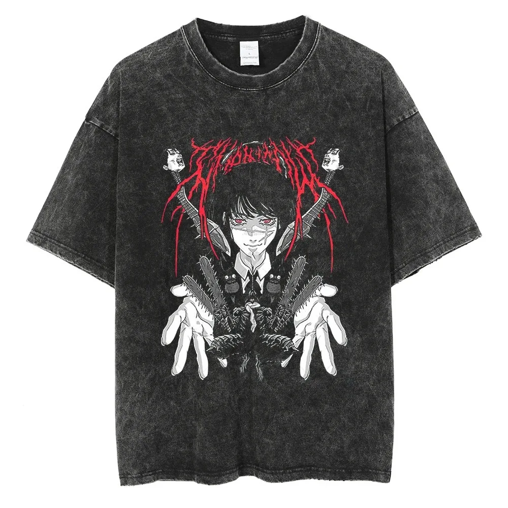 

Chainsaw Man Anime Washed T Shirt Character Print Tee Men Women Retro Casual Cotton Short Sleeve Streetwear Tops