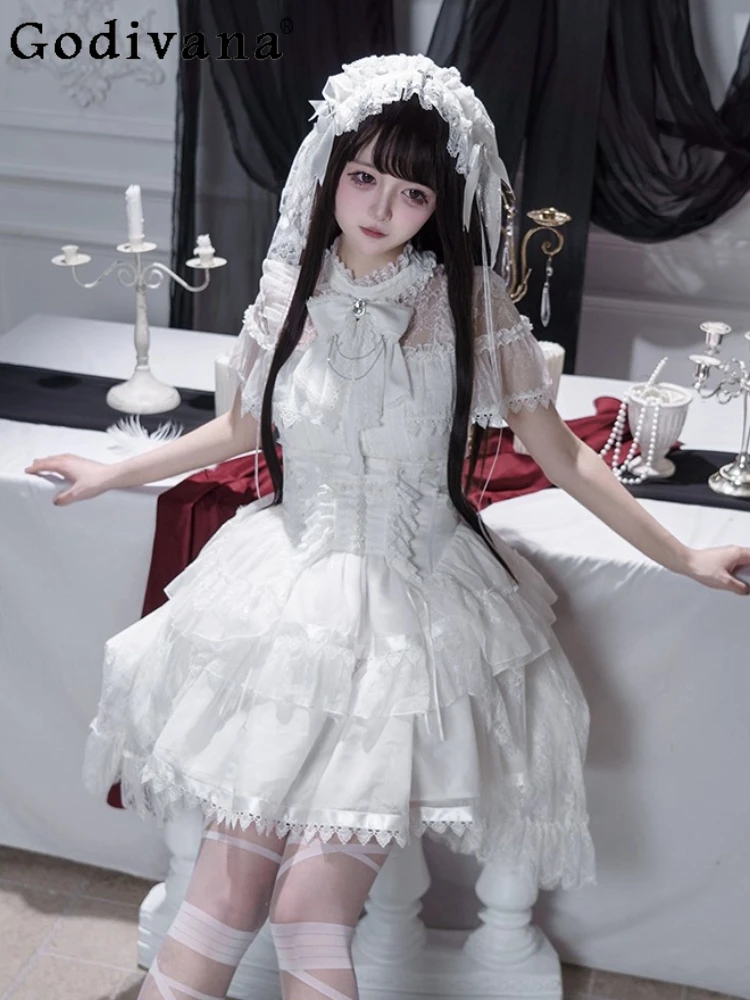

White Gothic Subculture Short Sleeve Dress Gauze Waist Cincher Japanese Mine Mass-Produced Lolita Dress Halloween Cosplay Dress