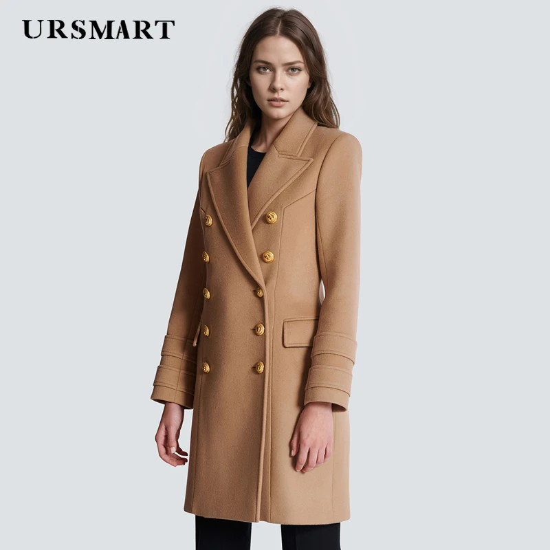 Classic double breasted camel colored long women's wool coat custom cashmere blend winter warm and fashionable slim fit coat