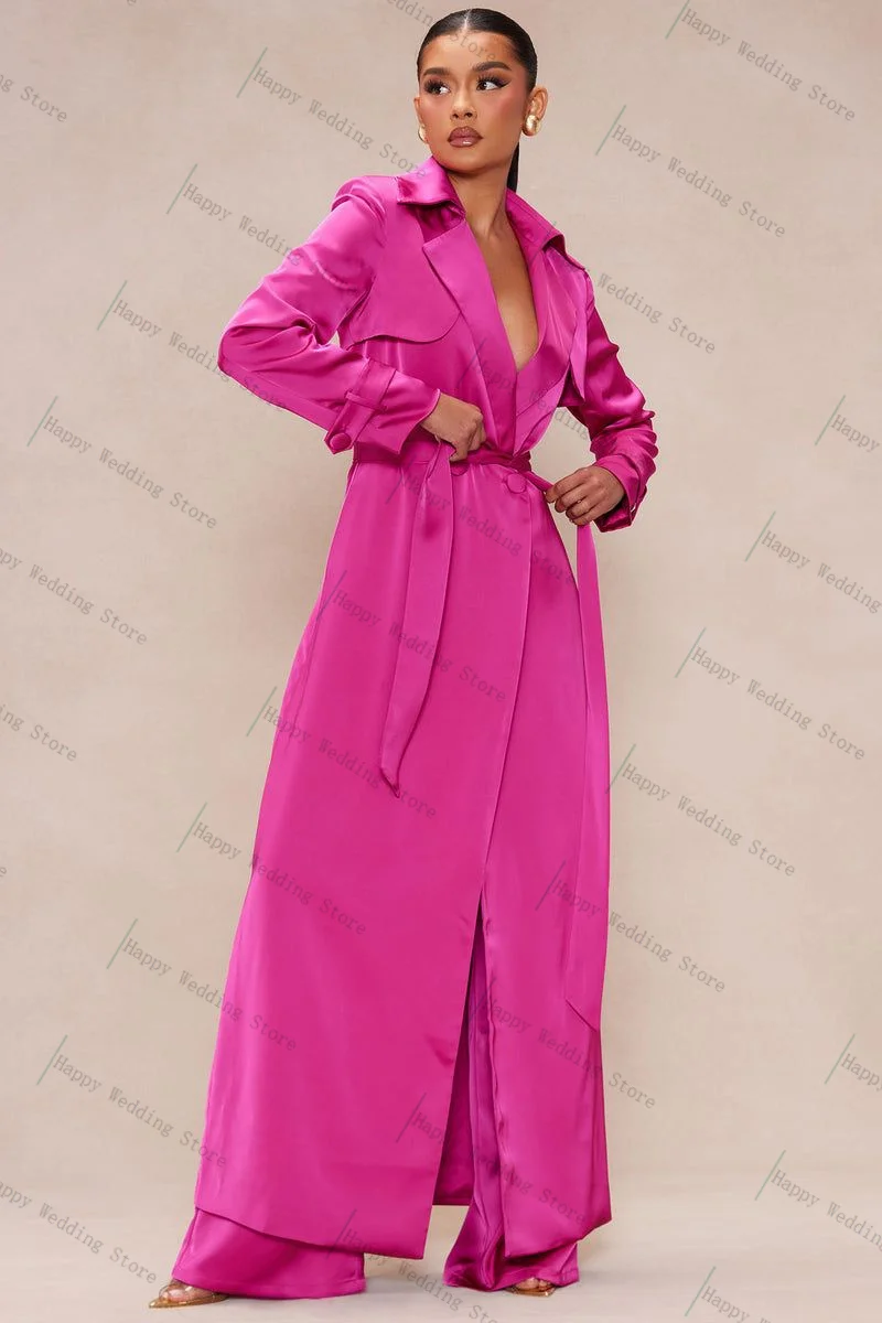 

Long Pink Women Suit Set 2 Piece Blazer+Belted Pants Trousers Autumn Formal Office Lady Customized Wedding Tuxedos Party Coat