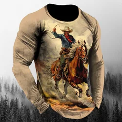 Western Cowboy Retro Tough Guy Style 3d Printing Spring And Autumn Men's Long Sleeved T-Shirt, Relaxed And Fashionable Top 6xl