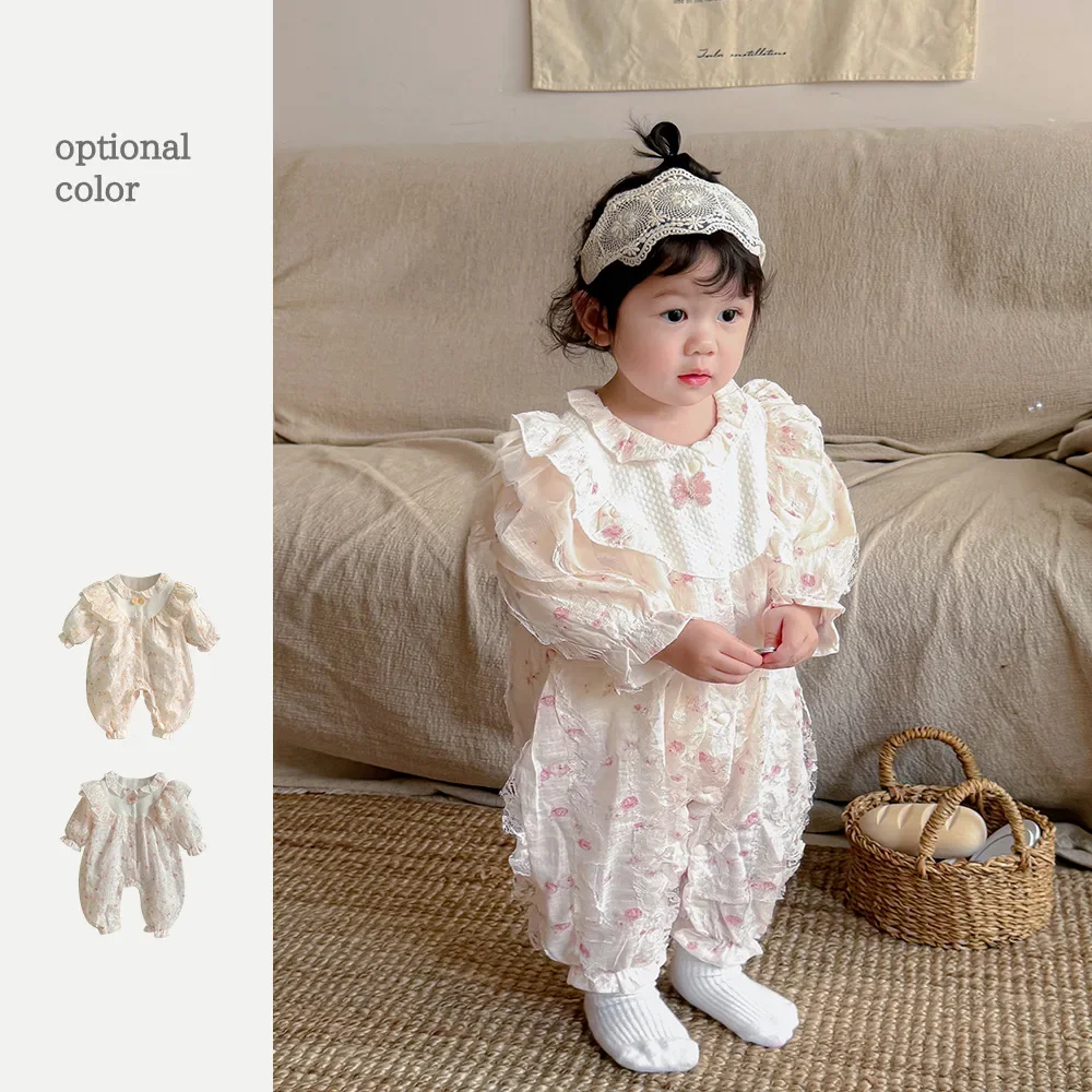 

2024 Autumn New in Infant Princess Style Cute Clothing Kids Ruched Floral Lace Jumpsuits Newborn Baby Outfits Romper 0-24M