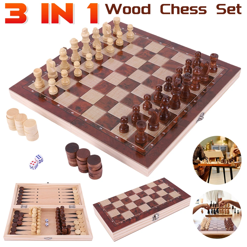 3 in 1 Wooden Chess Board for Adults Kids Foldable International Chess Folding Wooden Portable Chess Game Board Xmas Gift